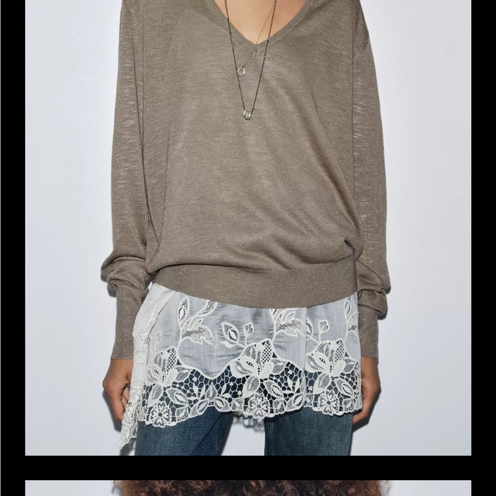 Brown V-Neck Sweater with Lace Hem